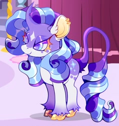 Size: 1997x2105 | Tagged: safe, artist:colorwurm, rarity, pony, unicorn, g4, alternate color palette, alternate design, alternate eye color, alternate mane color, alternate tail color, carousel boutique, cloven hooves, coat markings, colored eyelashes, colored fetlocks, colored hooves, colored horn, colored pinnae, curved horn, ear fluff, ear piercing, earring, eyeshadow, facial markings, female, horn, jewelry, lidded eyes, long tail, makeup, mare, multicolored eyes, multicolored mane, multicolored tail, piercing, redesign, ringlets, solo, splotches, standing, star (coat marking), tail, thick eyelashes, unshorn fetlocks