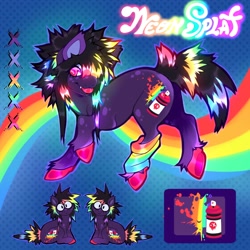 Size: 2000x2000 | Tagged: safe, artist:colorwurm, oc, oc only, oc:neon splat, earth pony, pony, body freckles, clothes, color palette, colored hooves, colored pinnae, ear tufts, earth pony oc, emo, eyeshadow, fangs, freckles, glowing, glowing mane, glowing tail, leg warmers, lidded eyes, makeup, messy mane, messy tail, multicolored hair, multicolored mane, multicolored tail, neon, patterned background, pink eyes, rainbow hair, rainbow tail, rave, reference sheet, scene, scenecore, shiny mane, shiny tail, sitting, solo, tail, tongue out, unshorn fetlocks, wingding eyes