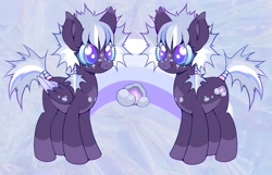 Size: 1842x1184 | Tagged: safe, artist:colorwurm, oc, oc only, oc:ring toss, earth pony, pony, abstract background, blue sclera, coat markings, colored ear fluff, colored muzzle, colored pinnae, colored sclera, ear fluff, earth pony oc, eyelashes, fangs, female, mare, multicolored mane, multicolored tail, pale belly, ponytail, purple eyes, reference sheet, smiling, socks (coat markings), spiky mane, spiky tail, standing, tail, tied tail