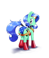 Size: 1761x2093 | Tagged: safe, artist:naivintage, oc, oc only, oc:spearmint, earth pony, pony, blushing, boots, breeching, butt, clothes, cosplay, costume, crossdressing, dc comics, earth pony oc, harness, looking back, male, plot, shoes, simple background, solo, stallion, superhero, tack, white background, wonder woman