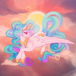Size: 3000x3000 | Tagged: safe, artist:colorwurm, princess celestia, alicorn, pony, g4, cloud, colored hooves, colored pinnae, crown, curved horn, eyelashes, female, flying, horn, jewelry, long horn, mare, morning, multicolored mane, multicolored tail, pink eyes, regalia, shiny coat, shiny mane, shiny tail, sky background, smiling, solo, spread wings, sun, tail, tiara, wavy mane, wavy tail, white coat, wings