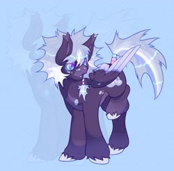 Size: 2281x2248 | Tagged: safe, artist:colorwurm, oc, oc only, oc:ring toss, pegasus, pony, blaze (coat marking), blue sclera, body freckles, coat markings, colored ear fluff, colored hooves, colored muzzle, colored pinnae, colored sclera, colored wings, colored wingtips, ear fluff, facial markings, freckles, male, multicolored eyes, multicolored mane, multicolored tail, open mouth, pale belly, partially open wings, patterned background, pegasus oc, ponytail, purple eyes, raised hoof, socks (coat markings), solo, spiky mane, spiky tail, stallion, tail, tied tail, two toned wings, unshorn fetlocks, wing freckles, wingding eyes, wings