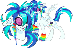 Size: 1096x717 | Tagged: safe, artist:colorwurm, oc, oc only, pegasus, pony, arm warmers, blue mane, blue tail, body freckles, cheek fluff, clothes, colored pinnae, ear fluff, ear piercing, earring, freckles, fusion, fusion:rainbow dash, fusion:vinyl scratch, goggles, jewelry, leg freckles, ms paint, multicolored hair, multicolored mane, multicolored tail, nose piercing, nose ring, not vinyl scratch, open mouth, open smile, pegasus oc, piercing, rainbow hair, raised hoof, septum piercing, simple background, smiling, solo, spread wings, standing, tail, white background, white coat, wing fluff, wings