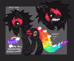 Size: 2809x2340 | Tagged: safe, artist:colorwurm, oc, oc only, oc:click, dracony, dragon, hybrid, pony, black sclera, colored pinnae, colored pupils, colored sclera, colored wings, dracony oc, dragon tail, dragon wings, emo, eye clipping through hair, eyebrows, eyebrows visible through hair, eyelashes, facial markings, fangs, folded wings, gray background, lidded eyes, lip piercing, looking back, male, messy mane, pale belly, passepartout, piercing, rainbow tail, reference sheet, scene, scenecore, sharp teeth, simple background, small wings, solo, stallion, stripes, tail, teeth, toothy grin, two toned mane, two toned wings, white pupils, wings