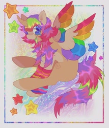 Size: 3000x3500 | Tagged: safe, artist:colorwurm, oc, alicorn, pony, alicorn oc, arm warmers, blank flank, blue eyes, clothes, coat markings, colored muzzle, colored wings, curved horn, eye clipping through hair, horn, multicolored mane, multicolored tail, multicolored wings, pale belly, passepartout, rainbow wings, scene, scenecore, socks (coat markings), solo, spread wings, tail, wingding eyes, wings