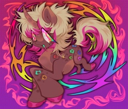 Size: 3500x3000 | Tagged: safe, artist:colorwurm, oc, oc only, pony, unicorn, big eyes, border, brown coat, coat markings, colored hooves, colored horn, colored pinnae, curved horn, eye clipping through hair, facial markings, gradient background, horn, leopard print, messy mane, multicolored eyes, open mouth, open smile, pale belly, patterned background, shiny hooves, smiling, snip (coat marking), solo, tail, two toned mane, two toned tail, unicorn oc, wingding eyes