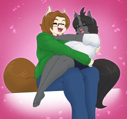 Size: 2816x2632 | Tagged: safe, artist:appelknekten, oc, oc only, earth pony, unicorn, anthro, unguligrade anthro, eyes closed, female, glasses, high res, hug, male, oc x oc, open mouth, open smile, shipping, sitting on lap, smiling, straight