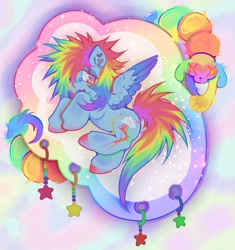 Size: 2225x2369 | Tagged: safe, artist:colorwurm, rainbow dash, dog, pony, g4, :3, abstract background, alternate design, alternate eye color, alternate hairstyle, alternate tailstyle, bridge piercing, cloud, colored hooves, colored wings, colored wingtips, cute, ear piercing, earring, facial piercing, female, high res, jewelry, lidded eyes, lying down, lying on a cloud, mare, multicolored eyes, on a cloud, on side, open mouth, open smile, piercing, smiling, smoldash, solo, sparkles, spread wings, tail, two toned wings, wingding eyes, wings