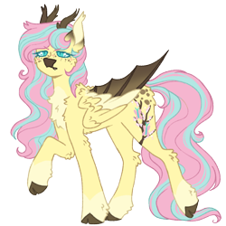Size: 1000x1000 | Tagged: safe, artist:kazmuun, fluttershy, deer, deer pony, original species, peryton, g4, alternate cutie mark, alternate design, antlers, blush lines, blushing, butt fluff, chest fluff, cloven hooves, coat markings, colored hooves, colored wings, colored wingtips, concave belly, cute, cute little fangs, ear tufts, fangs, fluffy, folded wings, freckles, gradient ears, hybrid wings, leg fluff, pale belly, raised hoof, shoulder fluff, simple background, slender, slit pupils, socks (coat markings), solo, species swap, thin, transparent background, wings