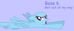 Size: 1277x538 | Tagged: safe, artist:howardthebrony38, pegasus, pony, g4, griffon the brush off, season 1, angry, bald, base, female, floppy ears, flying, frown, lavender background, mare, ms paint, narrowed eyes, purple text, simple background, solo, talking, text, trace