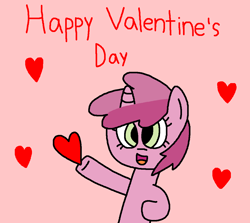 Size: 1150x1025 | Tagged: safe, artist:gillianthecreator36, ruby pinch, pony, unicorn, g4, cute, female, filly, foal, happy valentines day, heart, holiday, open mouth, open smile, pinchybetes, red background, simple background, smiling, solo, valentine's day