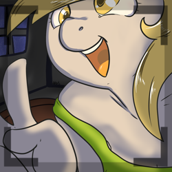 Size: 1000x1000 | Tagged: safe, artist:arnachy, part of a set, derpy hooves, pegasus, anthro, g4, camera shot, female, open mouth, open smile, peace sign, smiling, solo