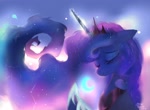 Size: 2048x1504 | Tagged: safe, artist:petaltwinkle, princess luna, alicorn, pony, g4, abstract background, backlighting, constellation hair, crescent moon, crown, digital painting, ethereal mane, eyelashes, eyes closed, female, glowing, glowing horn, hoof shoes, horn, jewelry, long horn, magic, mare, moon, multicolored mane, raised hooves, regalia, signature, smiling, solo, starry mane, tiara