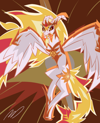 Size: 4500x5500 | Tagged: safe, daybreaker, wyvern, g4, abstract background, absurd resolution, armor, colored, concave belly, fire, flying, helmet, hoof shoes, mane of fire, metal, original art, peytral, princess shoes, slender, species swap, spread wings, stylized, tail, tail of fire, thin, wing armor, wings