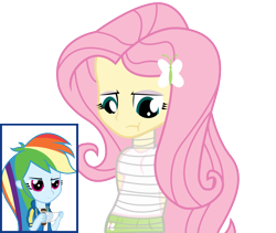 Size: 1300x1097 | Tagged: safe, artist:cardshark777, fluttershy, rainbow dash, equestria girls, g4, :t, bondage, butterfly hairpin, clothes, digital art, female, hands behind back, helpless, holding, hoodie, lidded eyes, looking down, mummification, mummified, saran wrap, simple background, skirt, smiling, smirk, transparent background, wip, wrapped up