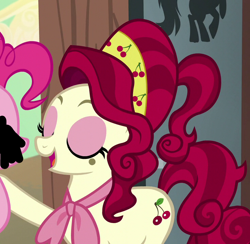 Size: 738x720 | Tagged: safe, edit, cherry jubilee, pinkie pie, g4, bad edit, cropped, eyes closed, offscreen character