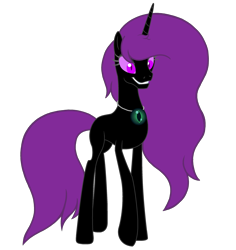 Size: 2716x2882 | Tagged: safe, artist:motownwarrior01, oc, oc only, oc:enderia, enderman, enderpony, pony, colored pupils, colored sclera, concave belly, ender pearl, endermare, female, horn, jewelry, long horn, long legs, long mane, long tail, minecraft, necklace, ponified, raised hoof, raised leg, sharp teeth, simple background, slender, smiling, solo, standing on two hooves, tail, tall, teeth, thin, transparent background