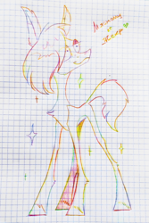 Size: 2000x3000 | Tagged: safe, artist:jehr, oc, oc only, earth pony, pony, :3, concave belly, freckles, graph paper, lanky, lined paper, long ears, long legs, long pony, paper, pencil drawing, rainbow, skinny, smiling, solo, sparkles, stylized, thin, trade, traditional art, unshorn fetlocks