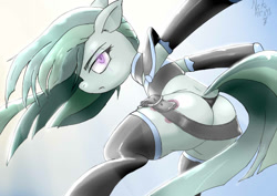 Size: 850x601 | Tagged: safe, artist:a.s.e, marble pie, earth pony, pony, semi-anthro, g4, armor, belt, butt, clothes, dock, dynamic pose, female, hair over one eye, looking at you, looking back, looking back at you, marblebutt, mare, panties, plot, socks, solo, stockings, tail, thigh highs, unconvincing armor, underwear