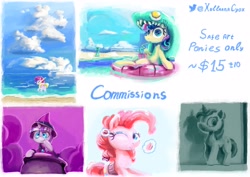 Size: 4093x2894 | Tagged: safe, artist:xallaanacyoxcyor, bon bon, lyra heartstrings, pinkie pie, sweetie drops, twilight sparkle, twilight velvet, earth pony, pony, unicorn, g4, advertisement, beach, commission info, ocean, simple background, sky, unicorn twilight, water, white background