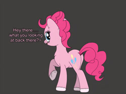 Size: 828x619 | Tagged: safe, artist:thebronypony123, pinkie pie, earth pony, pony, g4, balloonbutt, black background, butt, dialogue, female, plot, simple background, solo