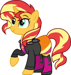 Size: 724x762 | Tagged: safe, artist:ranwere32, sunset shimmer, pony, unicorn, equestria girls, g4, boots, clothes, equestria girls outfit, female, jacket, shirt, shoes, simple background, skirt, smiling, solo, transparent background