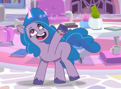 Size: 876x641 | Tagged: safe, screencap, izzy moonbow, firework-ing together, g5, my little pony: tell your tale, spoiler:g5, spoiler:my little pony: tell your tale, spoiler:tyts01e42, bracelet, crystal brighthouse, cute, dizzy, dizzy izzy, dizzy moonbow, female, friendship bracelet, glowing, glowing horn, horn, indoors, izzybetes, jewelry, living room, mare, open mouth, solo, swirly eyes, unshorn fetlocks