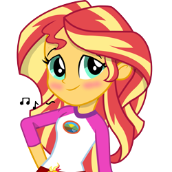Size: 1105x1105 | Tagged: safe, artist:sunsetshimmersus, sunset shimmer, human, equestria girls, g4, blushing, camp everfree outfits, female, humming, lidded eyes, music notes, simple background, smiling, solo, transparent background