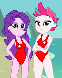 Size: 755x949 | Tagged: safe, artist:robertsonskywa1, pipp petals, zipp storm, equestria girls, g4, g5, baywatch, beach, clothes, equestria girls-ified, female, g5 to equestria girls, g5 to g4, generation leap, hand on hip, lifeguard, mount aris, ocean, one-piece swimsuit, photo, red cross, red swimsuit, royal sisters (g5), siblings, sisters, skinny pipp, slender, swimsuit, thin, water