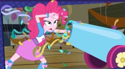 Size: 1088x602 | Tagged: safe, screencap, pinkie pie, human, equestria girls, equestria girls (app), g4, arms, balloon, boots, bow, bracelet, breasts, bust, cannon, canterlot high, clothes, confetti, exhausted, eyebrows, female, frown, game screencap, gym, jacket, jewelry, leaning, leaning forward, legs, long hair, open mouth, party cannon, pose, raised eyebrow, school, shirt, shoes, short sleeves, skirt, solo, swat, sweat, sweatdrops, table, teenager, tired, vest