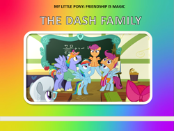 Size: 957x720 | Tagged: artist needed, safe, anonymous artist, edit, edited screencap, screencap, apple bloom, bow hothoof, rainbow dash, scootaloo, silver spoon, windy whistles, pegasus, pony, g4, parental glideance, adopted, adopted daughter, adopted offspring, apple, apple bloom's bow, big smile, book cover, bow, bowabetes, chalkboard, classroom, clothes, cover, cute, cute smile, cutealoo, daaaaaaaaaaaw, dashabetes, family, fanmade book cover, father and child, father and daughter, female, filly, foal, food, glasses, gradient background, grin, hair bow, headcanon, headcanon in the description, heartwarming, male, mare, mother and child, mother and daughter, parent:bow hothoof, parent:windy whistles, parents:windyhoof, rainbow background, scootadoption, scootalove, ship:windyhoof, shipping, siblings, sisters, smiling, spin-off, spread wings, stallion, straight, the railway series, wholesome, windybetes, wings
