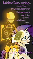 Size: 1620x2880 | Tagged: safe, artist:aaronmk, rainbow dash, rarity, g4, bone, clipboard, implied rainbow dash, kentucky route zero, skeleton, text