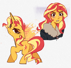 Size: 2204x2102 | Tagged: safe, artist:syrupyyy, sunset shimmer, human, pony, unicorn, equestria girls, g4, butt, clothes, duality, duo, duo female, female, fire, frown, high res, horn, human ponidox, jacket, looking back, mare, narrowed eyes, nose wrinkle, orange coat, plot, raised hoof, self paradox, self ponidox, signature, simple background, solo, sunset shimmer is not amused, tail, two toned mane, two toned tail, unamused, white background