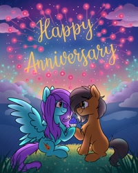 Size: 1638x2048 | Tagged: safe, artist:pink-pone, oc, oc only, oc:notetaker, oc:swing time, earth pony, pegasus, pony, anniversary, cupcake, earth pony oc, food, looking at each other, looking at someone, pegasus oc, romantic