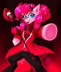 Size: 2134x2500 | Tagged: safe, artist:buvanybu, pinkie pie, earth pony, pony, g4, alastor, animal costume, antlers, bipedal, clothes, cosplay, costume, deer costume, demon costume, ear fluff, female, glasses, gradient background, hazbin hotel, hellaverse, mare, open mouth, open smile, pointing, scepter, smiling, solo, underhoof