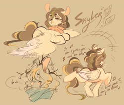 Size: 4096x3451 | Tagged: safe, artist:couriercats, oc, oc only, oc:drowzy skies, pegasus, bandaid, bandaid on nose, beanbrows, beige background, big ears, blushing, clothes, colored pinnae, colored wings, colored wingtips, curly mane, curly tail, dancing, eyebrows, eyebrows visible through hair, eyes closed, green eyes, hooves to the chest, leaf, lidded eyes, lying down, messy mane, mouth hold, multicolored mane, multicolored tail, music notes, pegasus oc, ponysona, prone, reference sheet, scarf, simple background, sitting, sketch, smiling, solo, song reference, spread wings, tail, tired eyes, triality, twigs in hair, two toned wings, wings