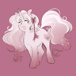 Size: 2851x2817 | Tagged: safe, artist:couriercats, oc, oc only, unnamed oc, pony, unicorn, blushing, bow, colored pinnae, ethereal mane, female, gradient hooves, gradient horn, hair bow, heterochromia, horn, looking back, mare, multicolored mane, multicolored tail, open mouth, solo, starry mane, starry tail, tail, teeth, unicorn oc, wavy mane, wavy tail