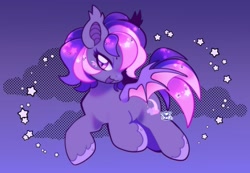 Size: 2652x1833 | Tagged: safe, artist:couriercats, oc, oc only, bat pony, pony, :3, bat pony oc, blush sticker, blushing, chibi, cloud, colored hooves, colored pinnae, colored wings, colored wingtips, commission, ear tufts, ethereal mane, lidded eyes, multicolored mane, multicolored tail, open mouth, open smile, pink eyes, purple background, purple coat, purple mane, purple tail, signature, simple background, smiling, solo, starry mane, starry tail, stars, tail, two toned wings, unshorn fetlocks, wingding eyes, wings