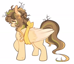 Size: 2678x2301 | Tagged: safe, artist:couriercats, oc, oc only, oc:drowzy skies, pegasus, bags under eyes, bandage, bandaged wing, brown mane, brown tail, colored pinnae, colored wings, colored wingtips, eye clipping through hair, eyelashes, folded wings, green eyes, heart, heart mark, large wings, lidded eyes, long tail, messy mane, multicolored mane, multicolored tail, pegasus oc, ponysona, profile, raised hoof, simple background, smiling, solo, standing, stick in tail, tail, twigs in hair, two toned wings, white background, wing fluff, wings, yellow coat