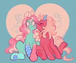 Size: 3479x2889 | Tagged: safe, artist:couriercats, minty, pinkie pie (g3), earth pony, pony, g3, blue background, blue tongue, blushing, cheek kiss, clothes, colored pinnae, colored tongue, curly mane, curly tail, duo, duo female, eye clipping through hair, eyebrows, eyebrows visible through hair, eyes closed, female, flustered, freckles, green coat, heart, heart background, heart mark, hoof heart, kissing, lesbian, mare, mismatched socks, pink coat, pink mane, pink tail, polka dot socks, purple eyes, ship:mintypie, shipping, signature, simple background, sitting, socks, striped socks, tail, tongue out, two toned mane, underhoof, wavy mouth
