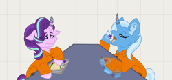 Size: 4000x1851 | Tagged: safe, artist:honeyofpeaches, starlight glimmer, trixie, pony, unicorn, g4, cheek fluff, clothes, commissioner:rainbowdash69, duo, eating, food, grapes, herbivore, horn, horn guard, horn ring, jail, jumpsuit, never doubt rainbowdash69's involvement, prison, prison outfit, prisoner, prisoner sg, prisoner tx, ring, table, taco, tray