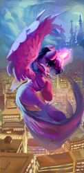 Size: 705x1450 | Tagged: safe, artist:vondsketch, twilight sparkle, alicorn, pony, g4, canterlot, city, cloud, female, flying, long tail, magic, magic aura, mare, moon, phone wallpaper, silhouette, solo, spread wings, tail, twilight sparkle (alicorn), wings
