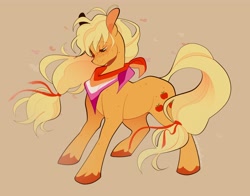 Size: 4096x3204 | Tagged: safe, artist:couriercats, applejack, earth pony, pony, g4, bandana, beige background, blonde mane, blonde tail, body freckles, colored eyebrows, colored hooves, colored pinnae, eyebrows, eyebrows visible through hair, female, freckles, green eyes, headcanon, lesbian pride flag, lgbt headcanon, lidded eyes, looking down, mare, messy mane, orange coat, ponytail, pride, pride flag, ribbon, sexuality headcanon, simple background, smiling, solo, standing, tail, tied tail, unshorn fetlocks, windswept mane, windswept tail, yellow mane, yellow tail