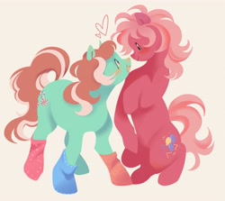 Size: 4096x3646 | Tagged: safe, artist:couriercats, minty, pinkie pie (g3), pony, g3, blushing, boop, clothes, curly mane, curly tail, duo, duo female, female, green coat, heart, lesbian, lineless, looking at each other, looking at someone, mare, messy mane, messy tail, mismatched socks, nose blush, noseboop, open mouth, open smile, pink coat, pink eyes, pink mane, rearing, ship:mintypie, shipping, simple background, smiling, smiling at each other, socks, standing, standing on two hooves, tail, two toned coat, two toned mane, white background