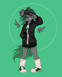 Size: 935x1174 | Tagged: safe, artist:rexyseven, oc, oc only, oc:lumishade, pegasus, anthro, plantigrade anthro, clothes, eyes closed, female, floating wings, green background, gritted teeth, hand in pocket, hoodie, leg warmers, pegasus oc, pigeon toed, simple background, smiling, solo, teeth, wings