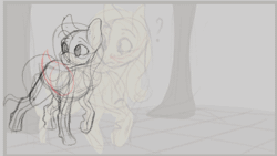 Size: 560x315 | Tagged: safe, artist:jazzwolfblaze, fluttershy, pegasus, pony, g4, animated, female, floppy ears, forest, frame by frame, gif, mare, monochrome, nature, open mouth, sketch, solo, traditional animation, tree, walking