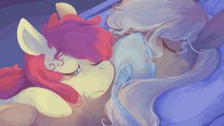 Size: 1150x647 | Tagged: safe, artist:urbanqhoul, apple bloom, applejack, earth pony, pony, fanfic:another apple sleep experiment, g4, animated, apple sisters, crying, duo, duo female, eyes closed, female, filly, foal, loop, mare, missing accessory, oxygen mask, siblings, sisters