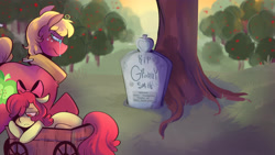 Size: 3840x2160 | Tagged: safe, artist:urbanqhoul, apple bloom, big macintosh, earth pony, pony, fanfic:another apple sleep experiment, g4, apple, apple tree, brother and sister, crying, duo, duo male and female, female, filly, foal, gravestone, implied granny smith, male, mare, siblings, stallion, sweet apple acres, tree, wagon