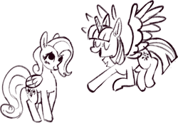 Size: 671x464 | Tagged: safe, artist:sofia_drawsmore, fluttershy, twilight sparkle, alicorn, pony, g4, black and white, duo, duo female, eyes closed, female, flying, folded wings, grayscale, mare, monochrome, open mouth, open smile, raised hoof, simple background, smiling, spread wings, twilight sparkle (alicorn), white background, wings