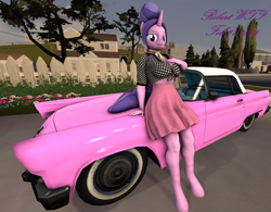 Size: 908x707 | Tagged: safe, artist:robertwtf, cookie crumbles, unicorn, anthro, g4, 3d, big breasts, breasts, car, female, fence, hand on chest, house, looking at you, nexgen, solo, source filmmaker, tree, vehicle